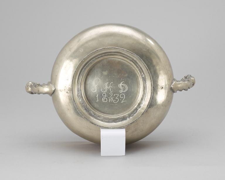 A Swedish pewter bowl, dated 1832.