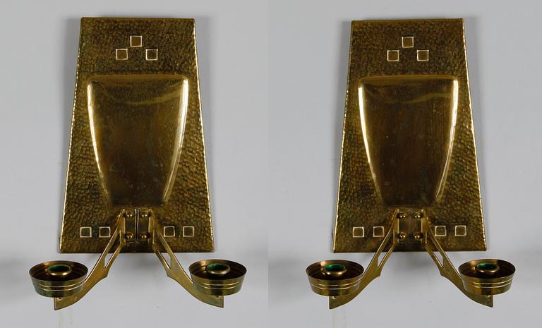 VÄGGLAMPETTER, 1 par, mässing, jugend.