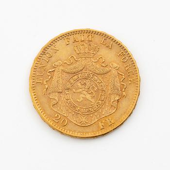 Gold coin, Belgium, Leopold II, 20 Franc, 1874.