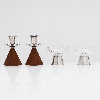 Two pairs of candlesticks, one designed by Saara Hopea, Kultakeskus, Hämeenlinna 1965.