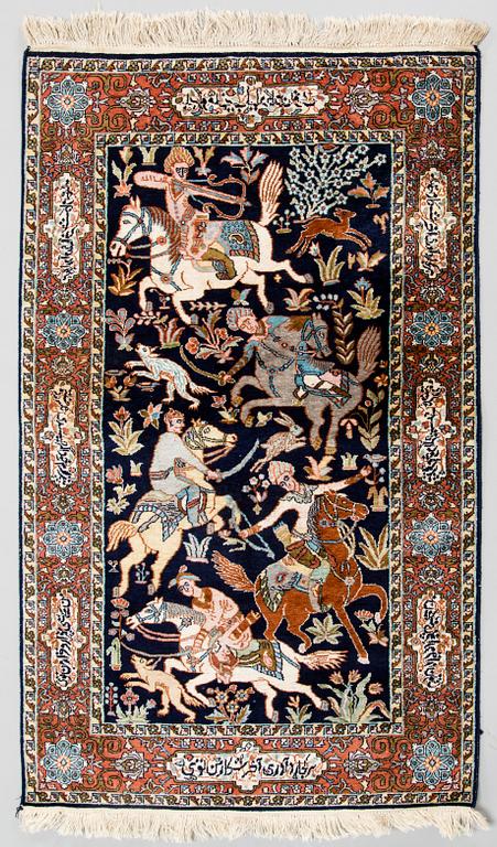 An oriental silk rug around 150 x 91 cm.