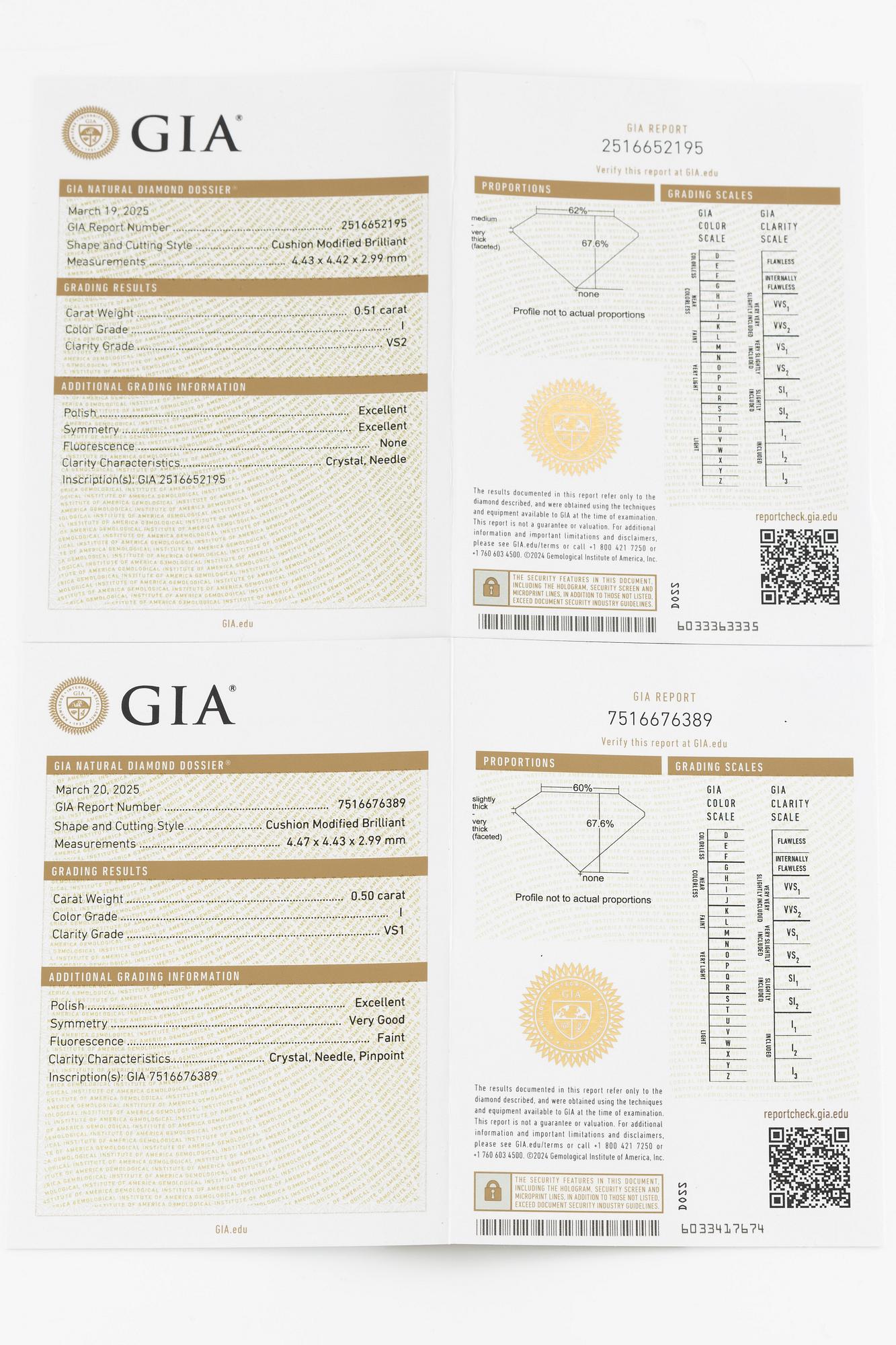 Earrings, 18K white gold with cushion-cut diamonds, total 1.01 ct. Accompanied by GIA dossier.