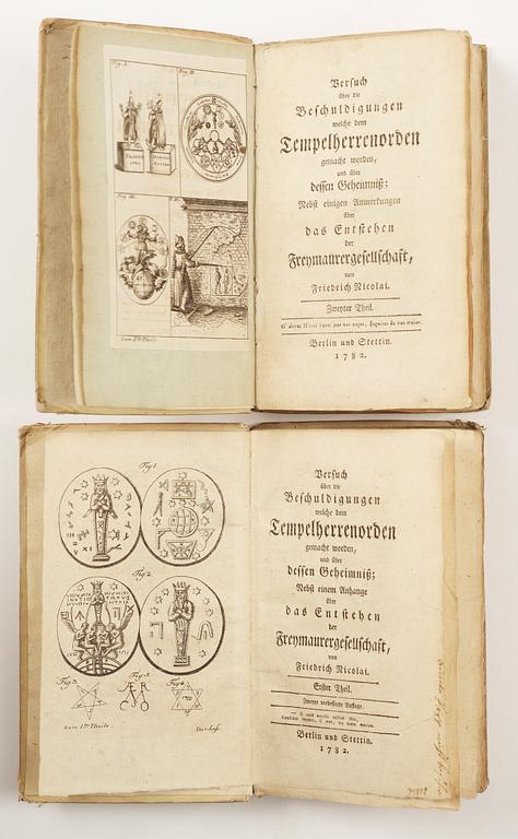 BOK, 2 vol,"Versuch über... Beschuldigungen welche dem Tempelherrenorden..." av Friedrich Nicolai, Berlin & Stettin 1782.