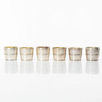 Six silver vodka cups, in the form of three detachable barrels, including mark of CF Carlman, Stockholm 1924.