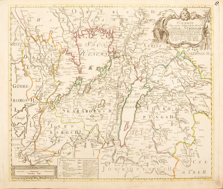 Nils Marelius, map of mid Swedens waterways before Göta Kanal, hand colored copper engraving, Stockholm 1774.