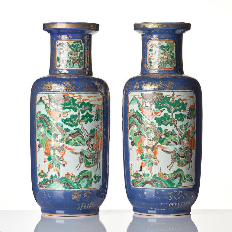 A pair of famille verte and powder blue 'roleau' vases, late Qing dynasty.