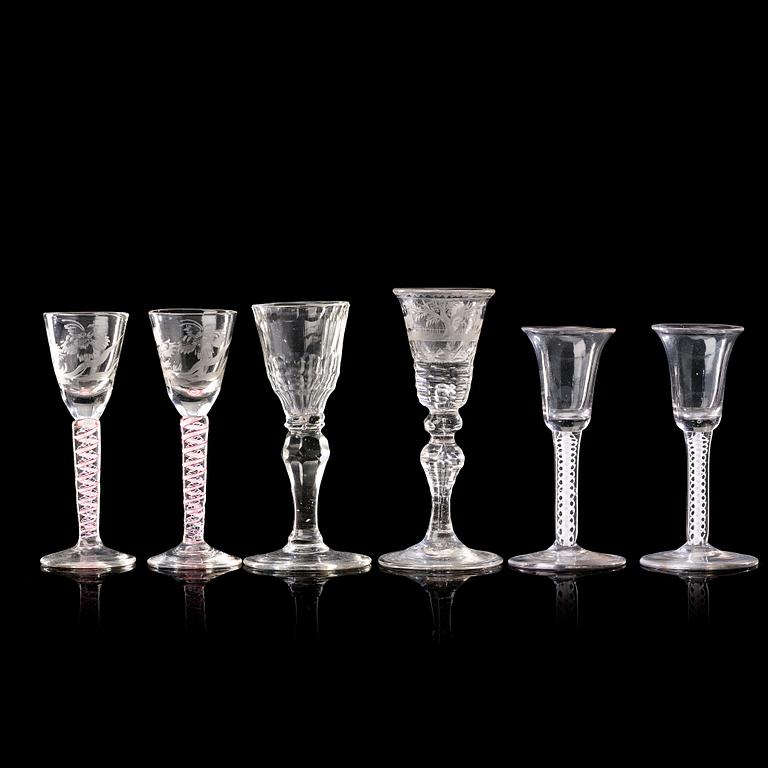 ALEGLAS, sex stycken olika. England, 1700-tal.
