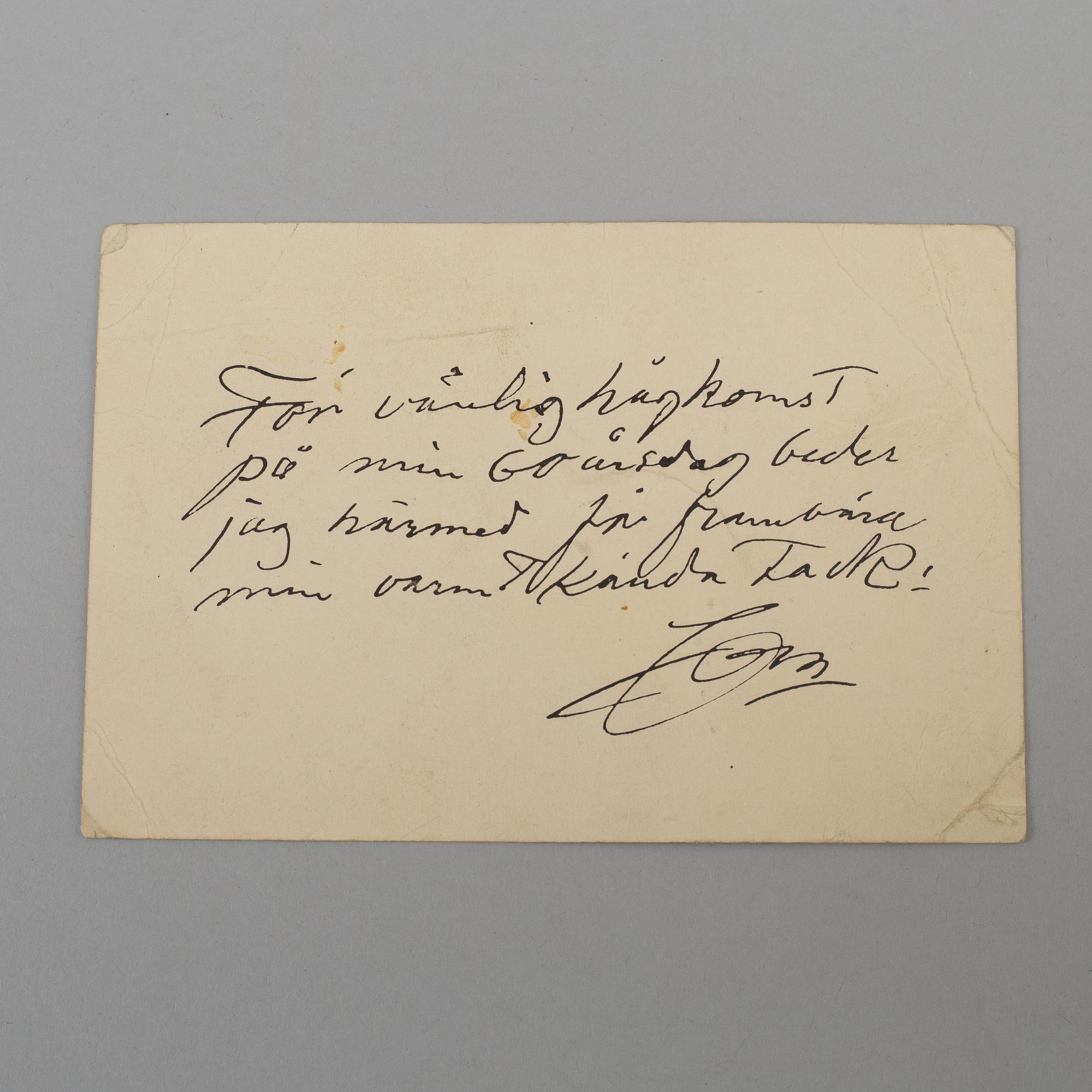 A thank you card from Anders Zorn to the artist Ernst Åkerbladh. Executed in 1920.