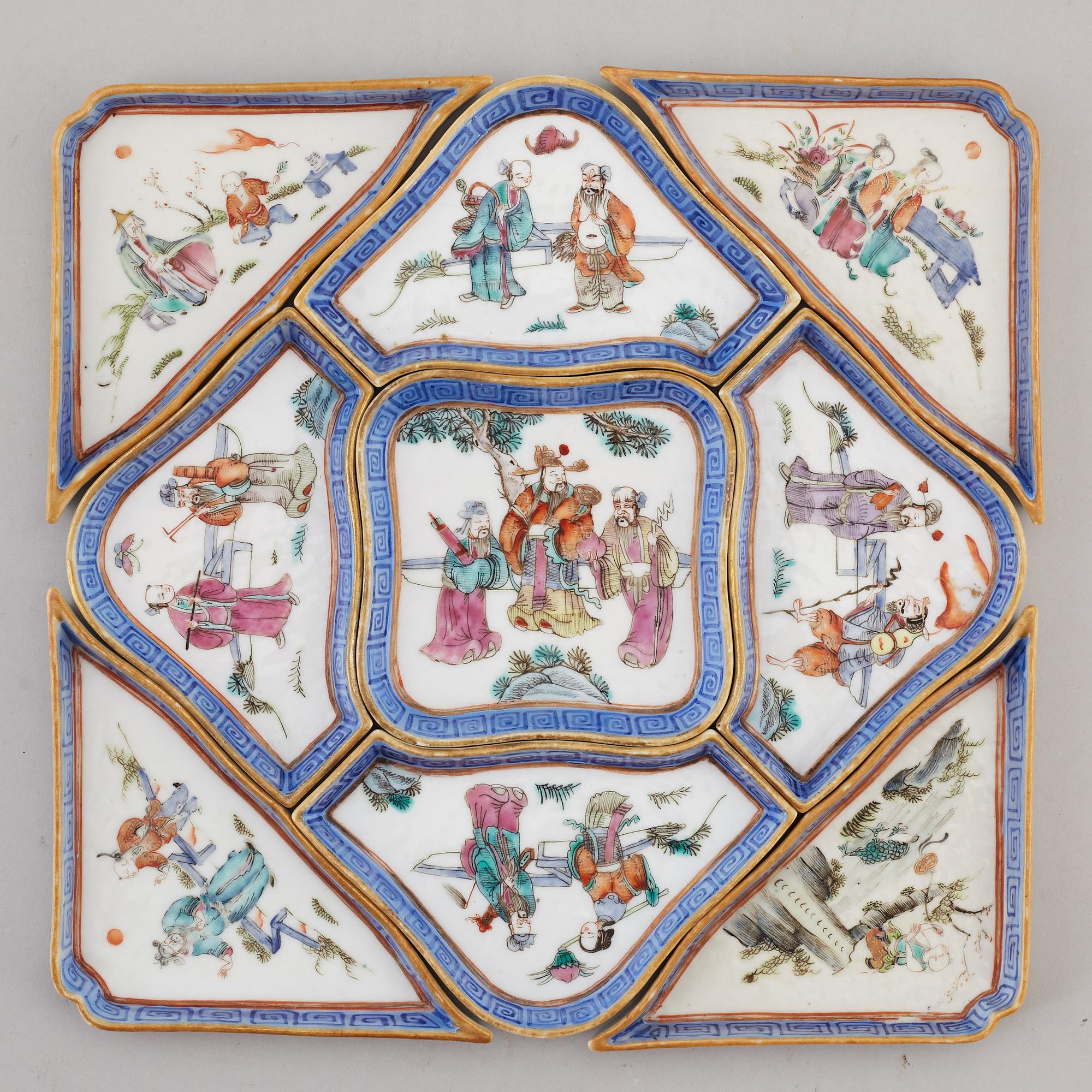 A famille rose nine piece cabaret, Qing dynasty, 19th century.