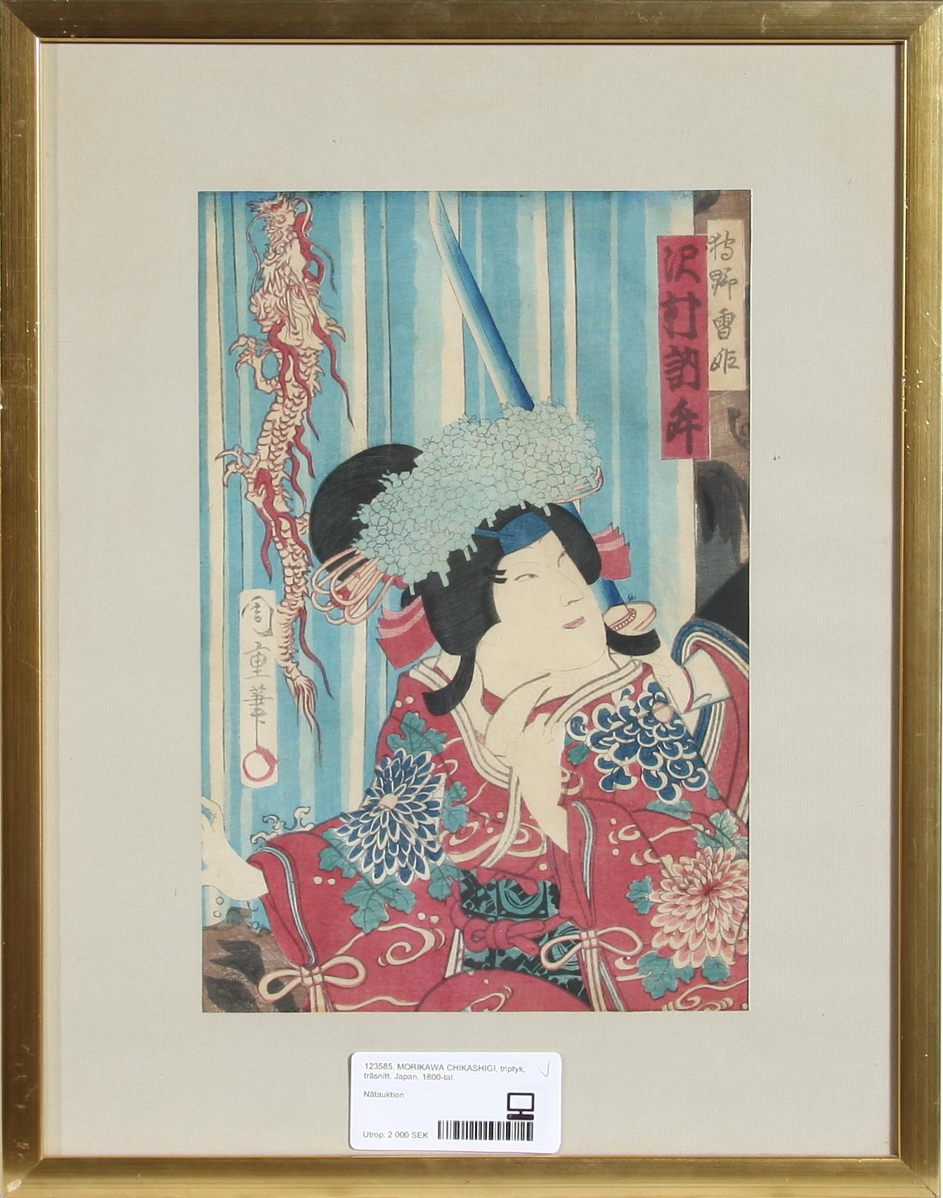 MORIKAWA CHIKASHIGI, triptyk, träsnitt. Japan. 1800-tal.