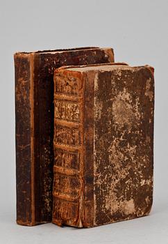 KOKBÖCKER, 2 st, bla "Hielpreda i hushållningen för unga fruentimmer" av C. Warg, sjunde uppl, Stockholm 1780.