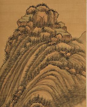 Qian Weicheng, (China 1720-1772), ink and colour on silk. 'Mountainious landscape'.
