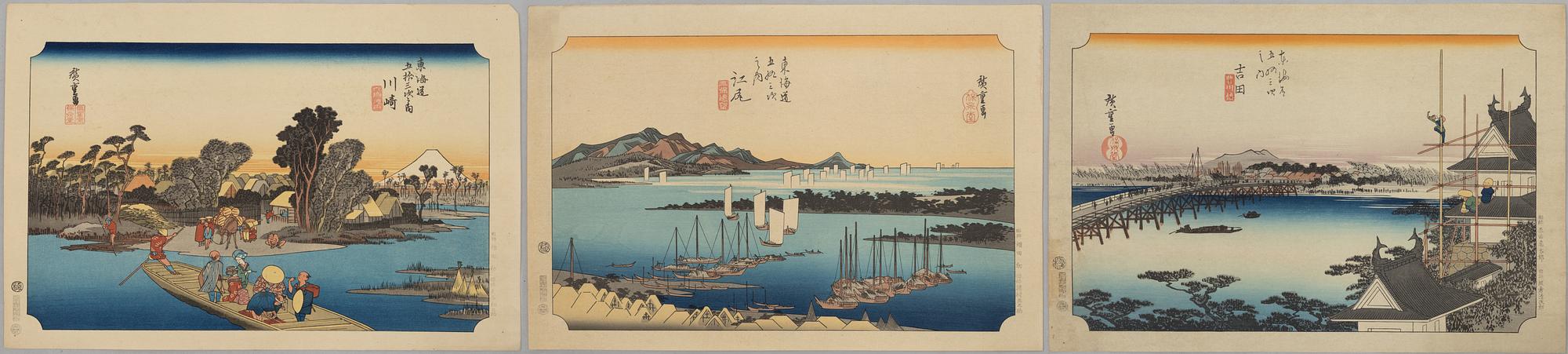 Ando Utagawa Hiroshige, after, three prints from "The Fifty-Three Stations of the Tōkaidō".
