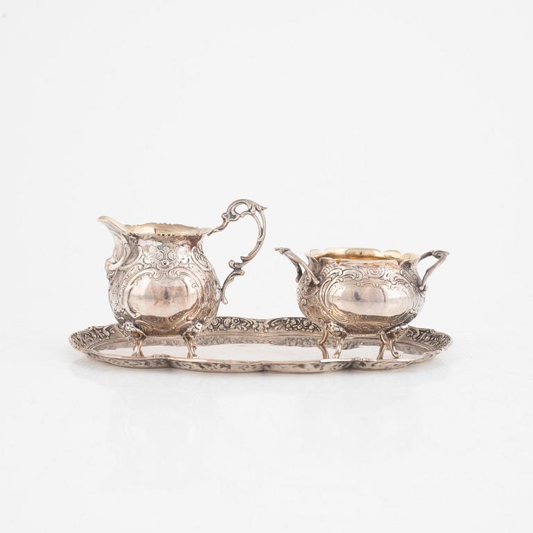 Gewe Guld & Silver Ab, a Rococo-Style Silver Sugar Bowl, Creamer, and Tray, Malmö 1955.