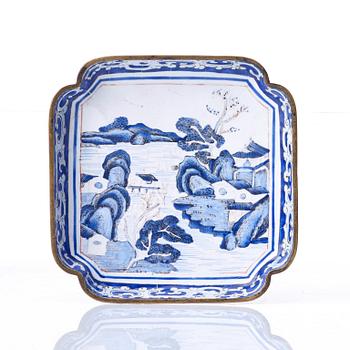A set of five enamel on copper tea cups and a dish, Qing dynasty, circa 1800.