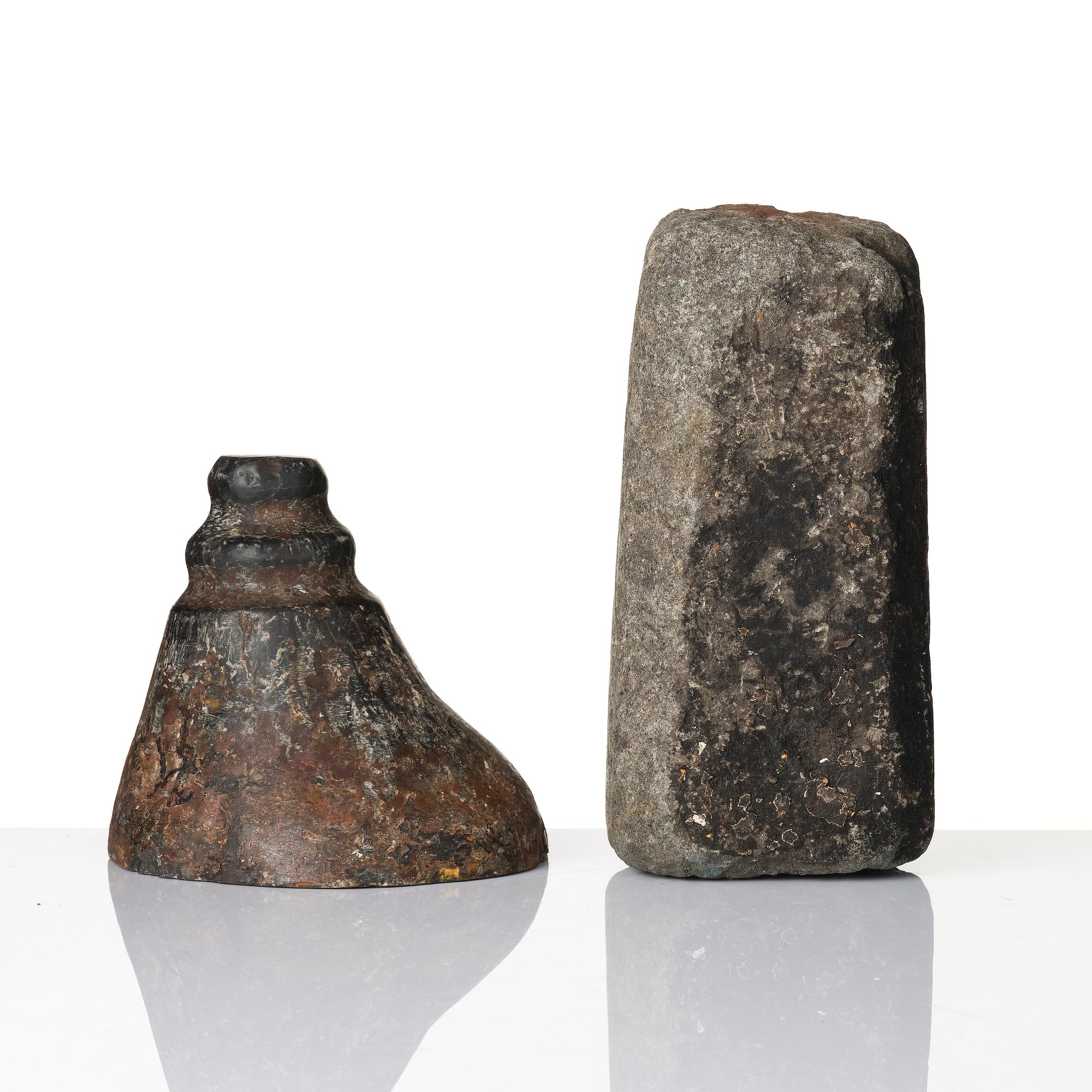 Two stone pigment graters, 18th / 19th century.
