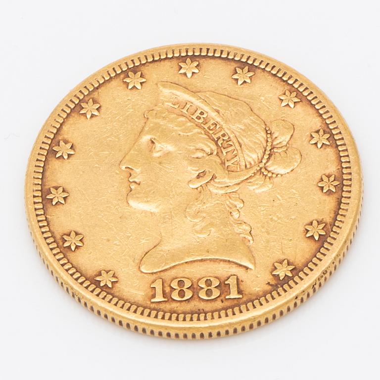 A 10 dollars Liberty Head gold coin from USA, 1881.