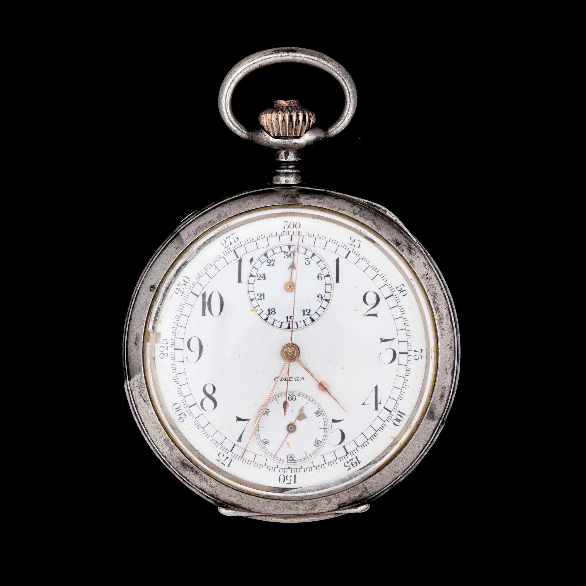 FICKUR, silver, Omega kronograf, omkr 1890-tal.