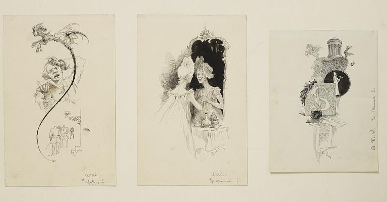 Carl Larsson,  6 drawings, signed C.L, Indian ink and hightening white mounted on cardboard.