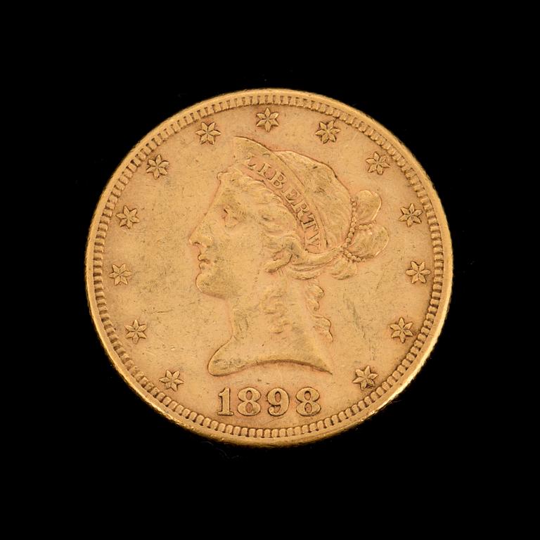 GULDMYNT, fine gold, 10 dollars, Liberty, USA. 1898. Vikt ca 17 gram.