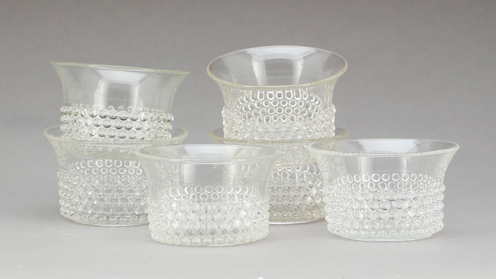 SKÅLAR/YTTERFODER, 6 st, glas, Nyppylä/Krokus, Saara Hopea, Notsjö. 1900-talets andra hälft.