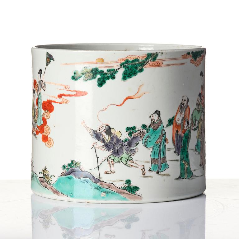 A famille verte brush pot, Qing dynasty.