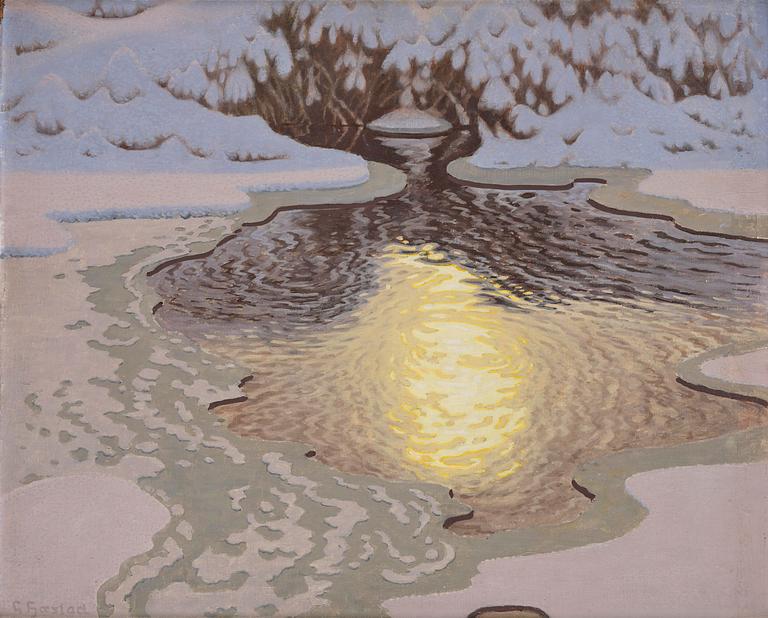 Gustaf Fjaestad, Winter landscape with sunlit watercourse.