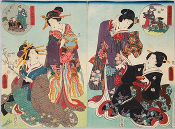 Three coloured woodblock prints, Japan, Meiji (1868-1912).