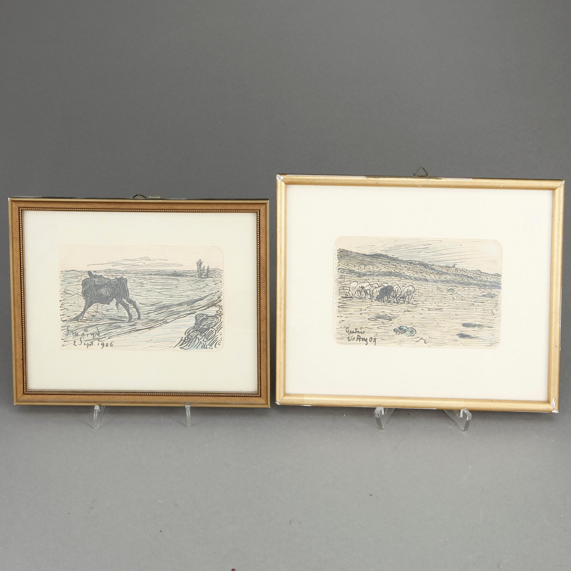 NILS KREUGER, tillskriven, 2 st, blandteknik på papper, osignerade, daterade 1906 och 1909.