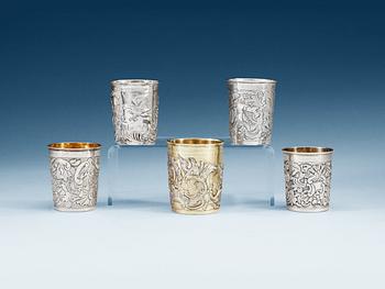 Five Russian 18th century silver beakers, marked Moscow.