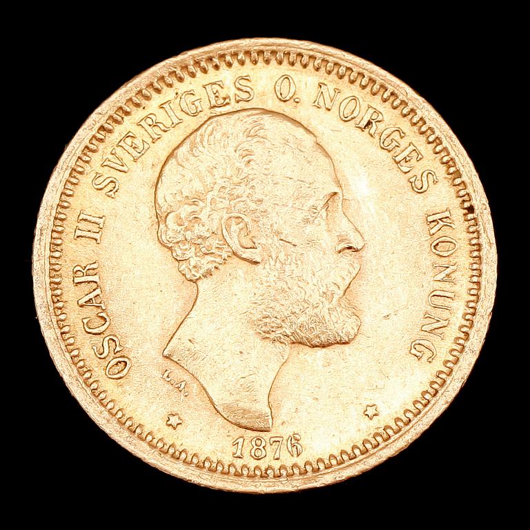 GULDMYNT, 10 kr, Oscar II, 1876. Vikt ca 5 g.