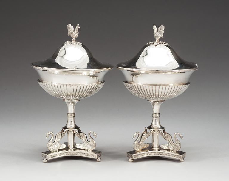 A pair of Swedish 19th century silver sugar-bowls, makers mark of Olof Hellbom, Stockholm 1816.