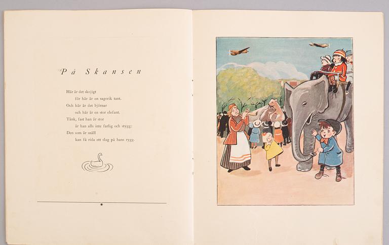 BARNBOK, "Lars och Lisa i Stockholm" med text av Nils Ferlin, färgteckningar av Gösta Bjelkebo, 1937.