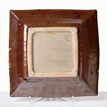 Shoji Hamada, a square stoneware dish, Japan 1950-60's, with signed wooden box.