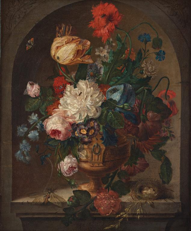 DUTCH SCHOOL, around 1700. Still life with flowers, a bird nest and insects.