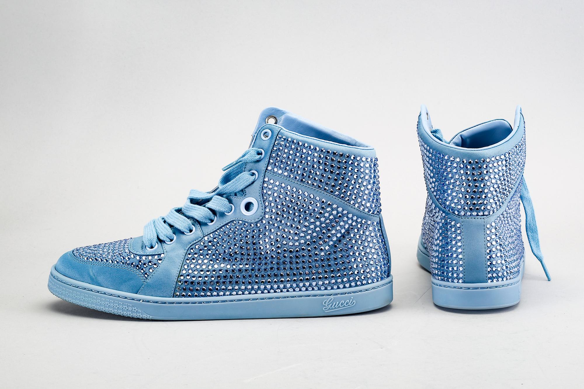 Gucci, sneakers, mineral blue, Swarowski crystals.