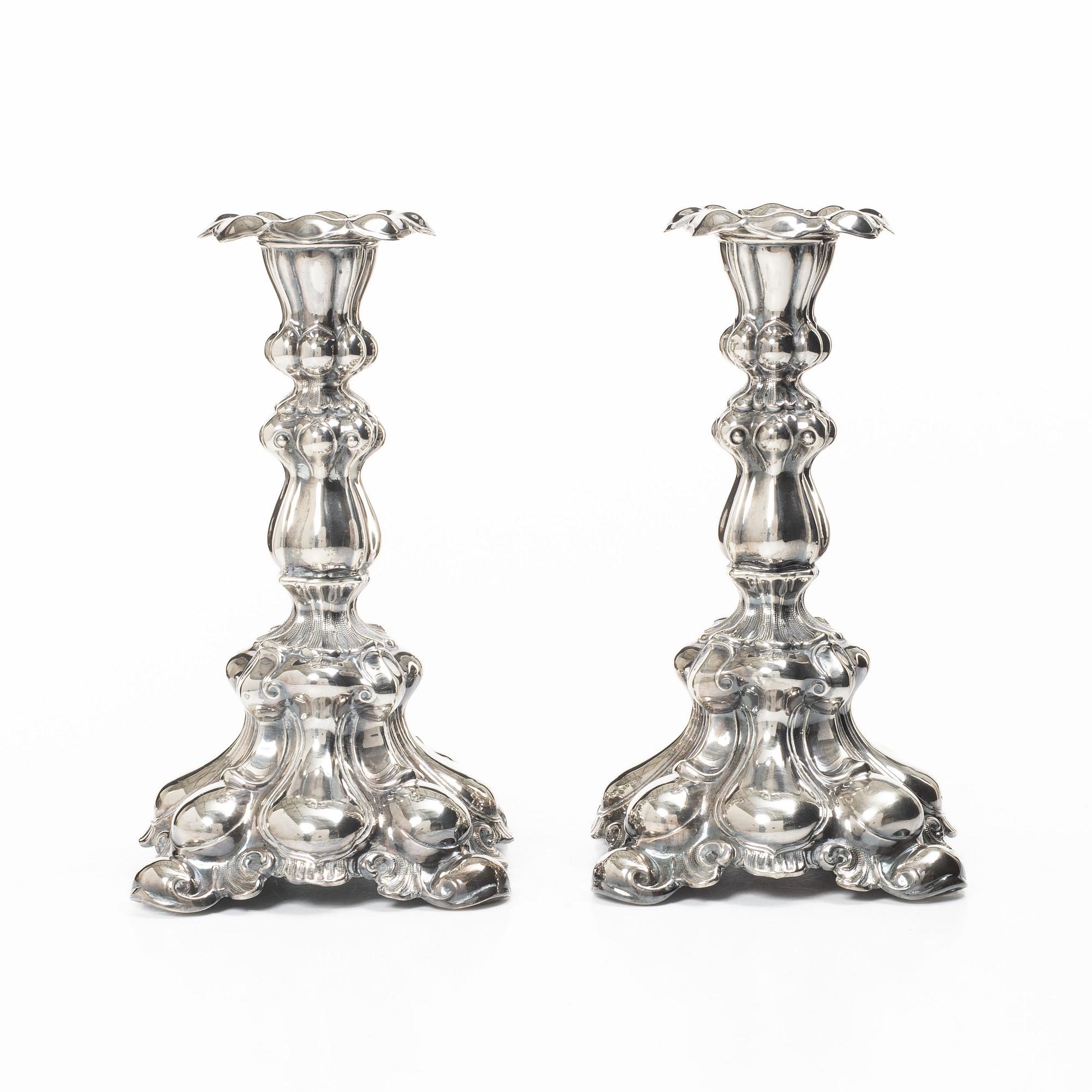 Candlesticks, a pair, Baroque style, silver, CG Hallberg, Stockholm, 1939.