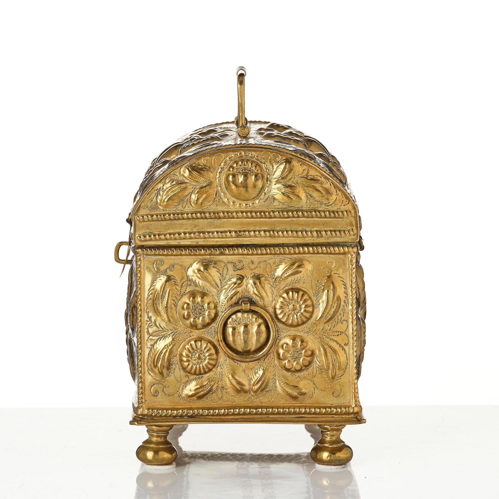 A Swedish baroque repousse brass box, dated 1707.