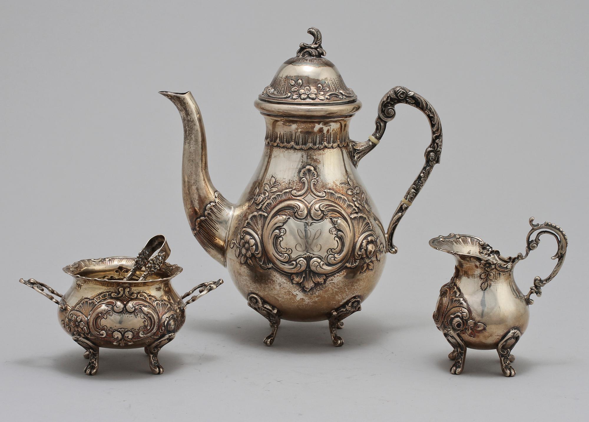KAFFESERVIS, 4 delar, silver, rokokostil, 1900-talets andra hälft. Vikt 650 gram.