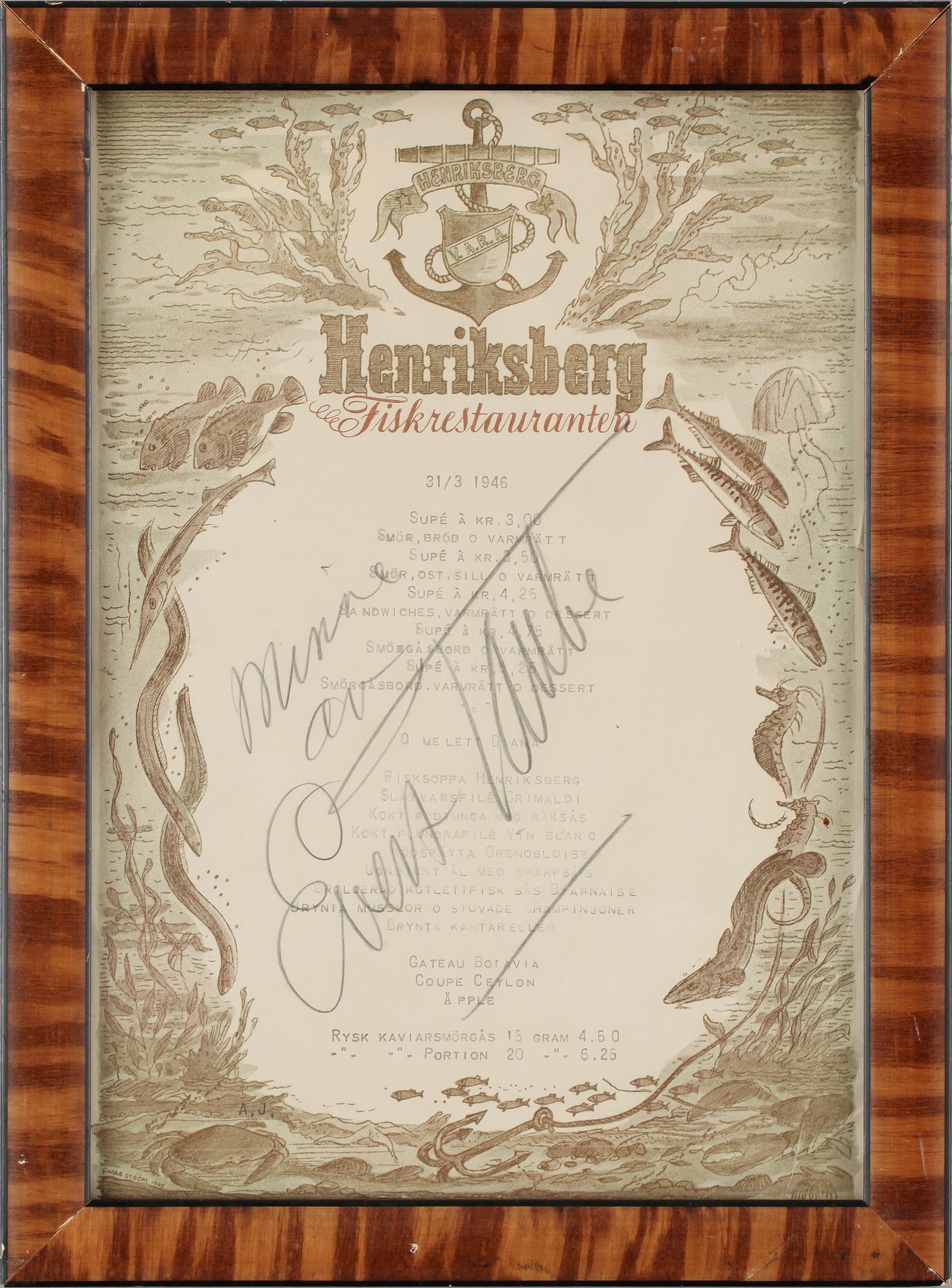 MENY med AUTOGRAF av Evert Taube, 31/3 1946.