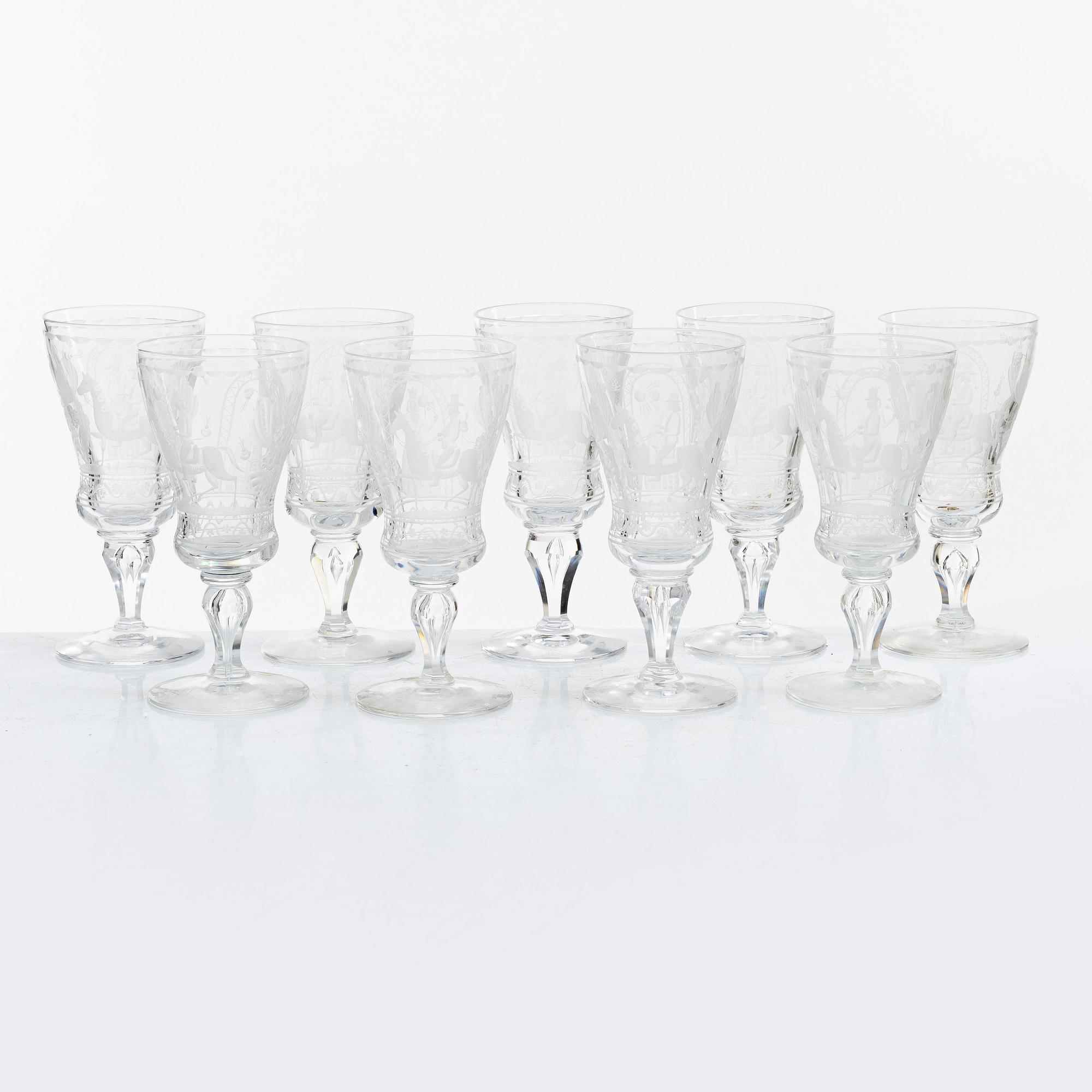 Vicke Lindstrand, nine 'Dalecarlia' sherry glasses, Kosta Boda.