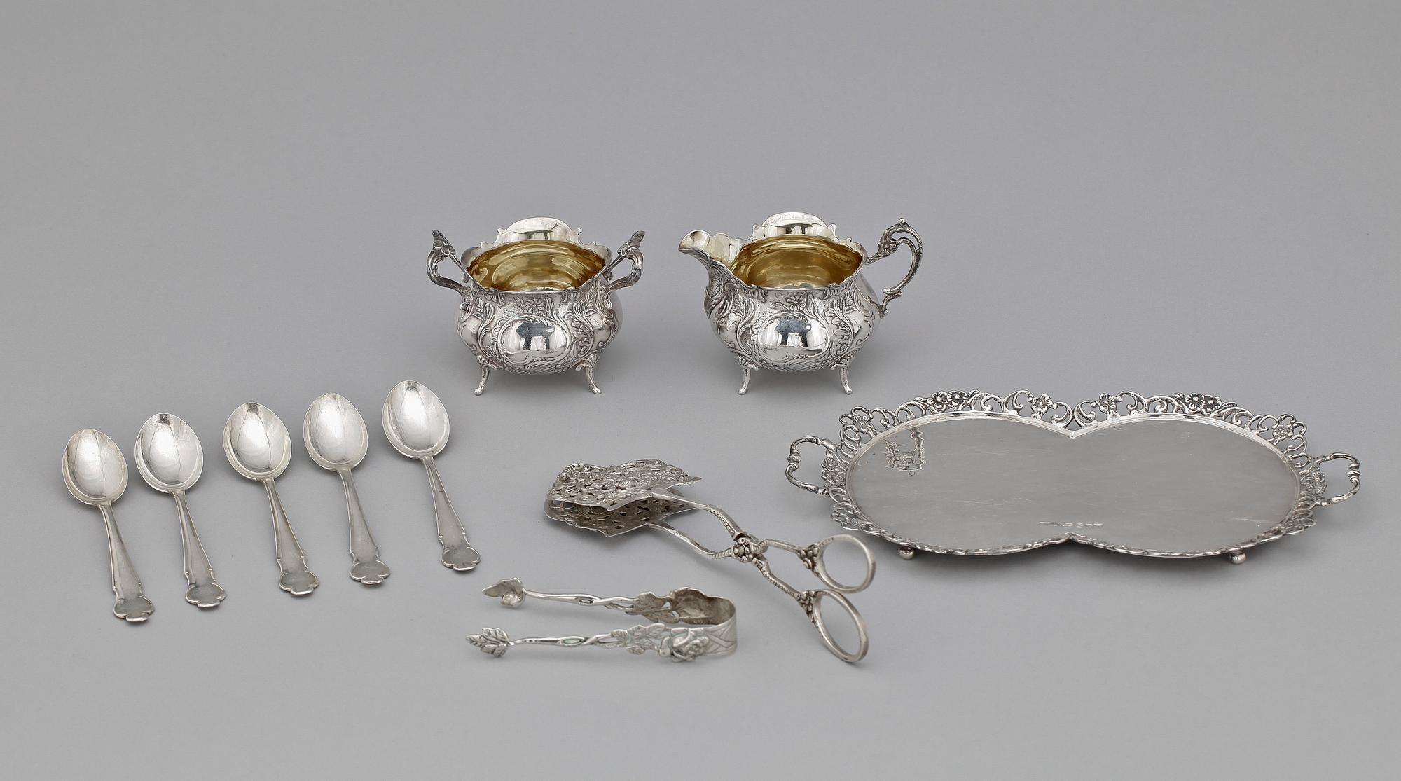 PARTI SILVER, 10 delar, bland annat Silvervarufabriken AB, Malmö, 1957. Vikt 507g.
