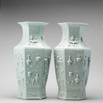 700. A pair of large celadon glazed vases, late Qing dynasty, circa 1900.