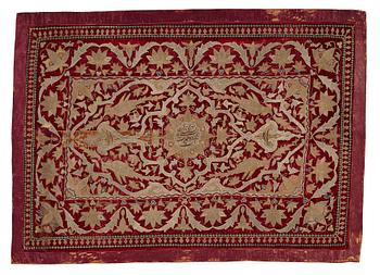 AN ANTIQUE VELVET EMBROIDERY, Persia/Iran, around 1700 - the middle of the 19th century, ca 100 x 142,5 cm (plus a 5 cm.