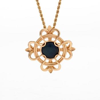 Kalevala Koru, hänge/brosch med kedja, "Lilja", 14K guld och spektrolit. Helsingfors 2002.