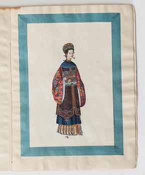 A Sunqua album of 10 export gouaches on paper, portraying the Chinese court, Qing dynasty, late 19th Century.