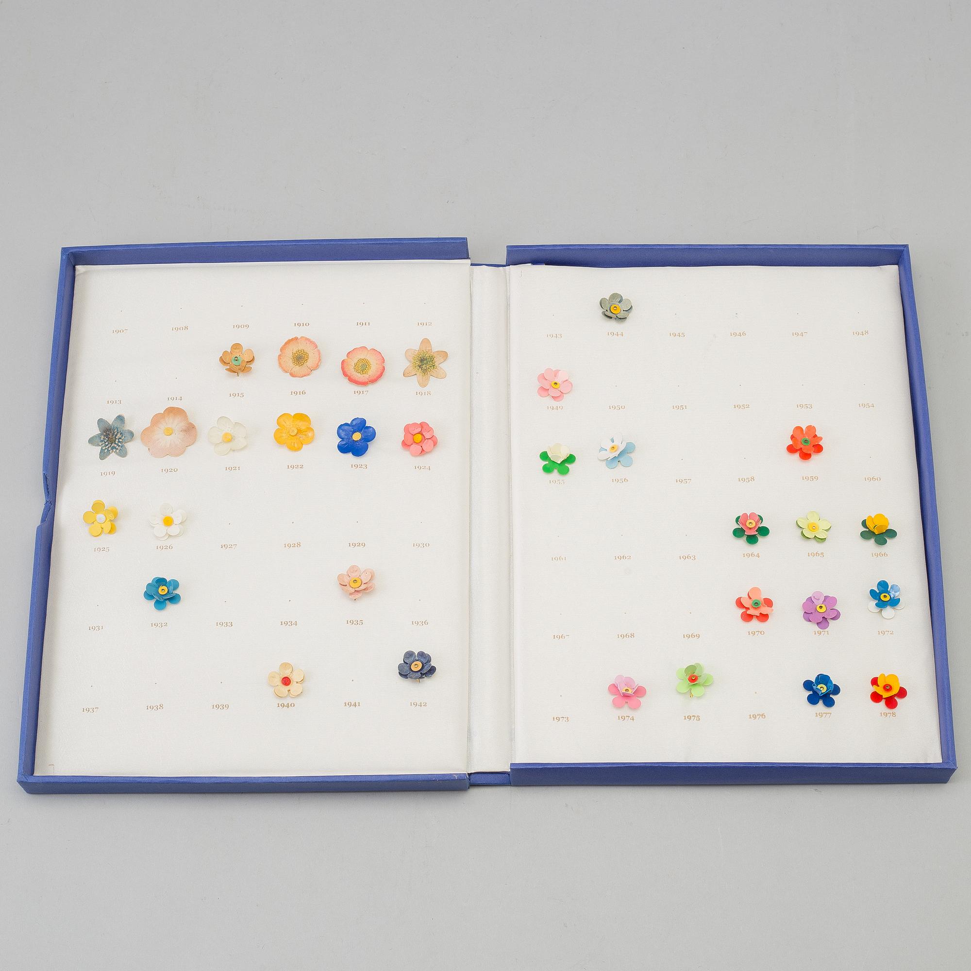 A collection of Swedish "Majblomman" brooches from between the years 1915-2016.