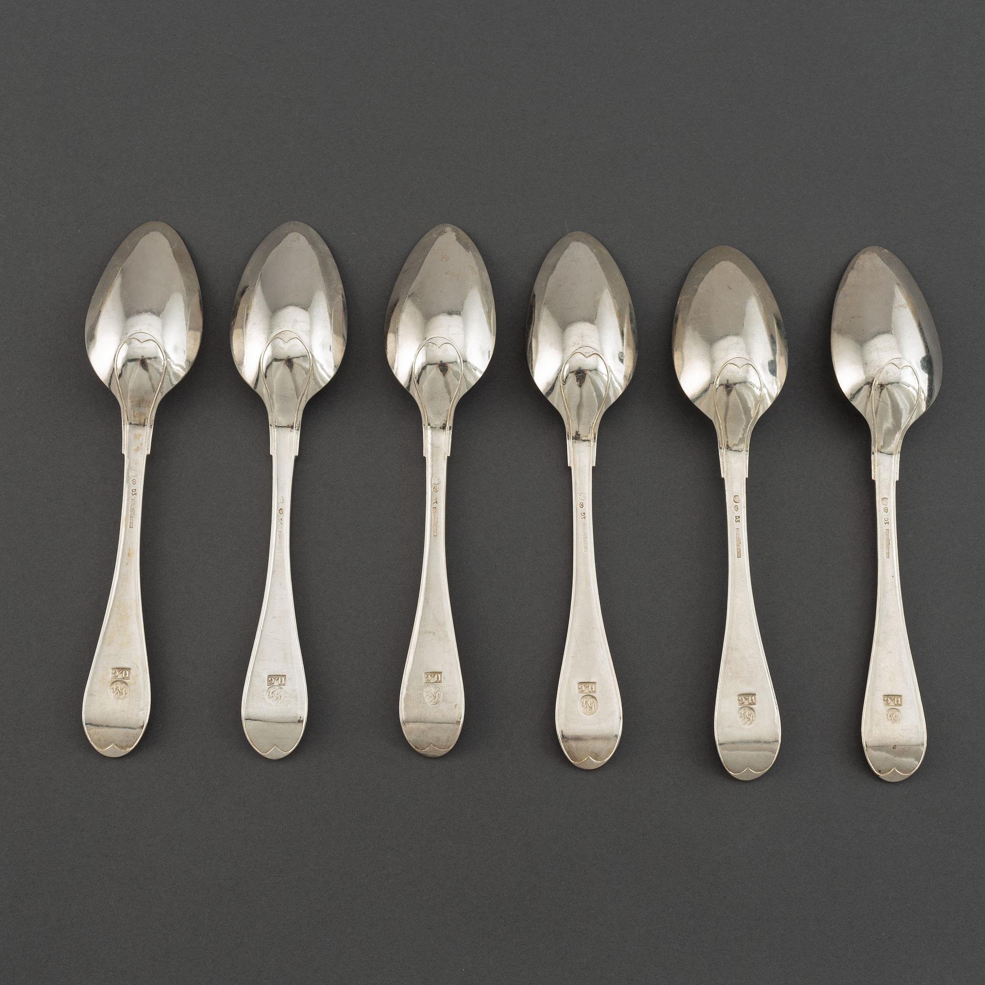 A set of six Swedish 19th century silver spoons, mark of Gustaf Otto Sjöberg, Falun 1810.