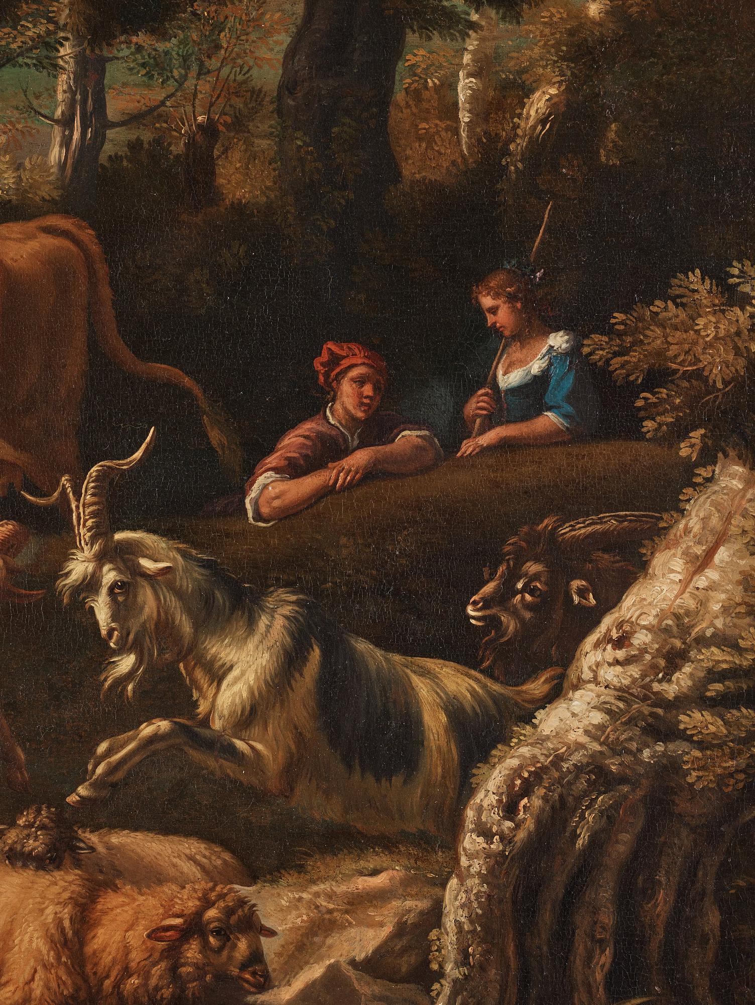 Pieter Mulier II, kallad Cavaliere Tempesta Tillskriven, Pastoralt landskap med herde, herdinna och boskap.