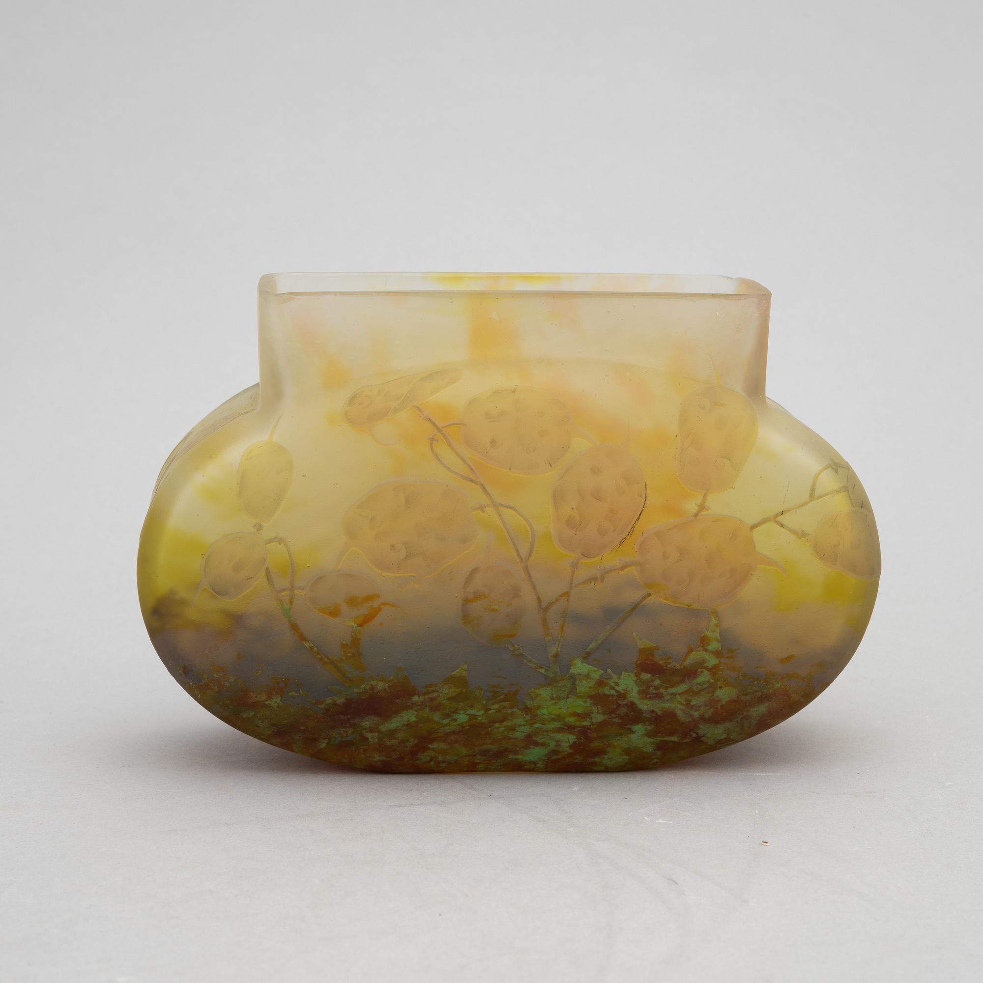 Daum, an etched and enamel painted Art Nouveau glass vase, Nancy, France, early 1900's.
